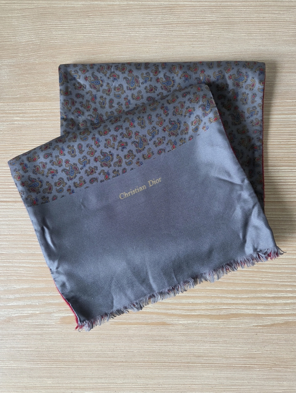 Vintage Christian Dior Mens Grey Red Reversible Silk Wool Paisley Scarf